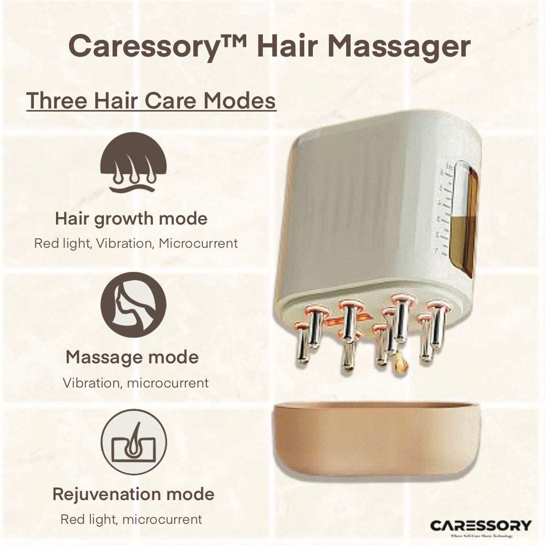 An image of a Caressory™ Hair Massager featuring three hair care modes: Hair growth (red light, vibration, microcurrent), Massage (vibration, microcurrent), and Rejuvenation (red light, microcurrent). This versatile device also doubles as a red light scalp massager for enhanced therapy.