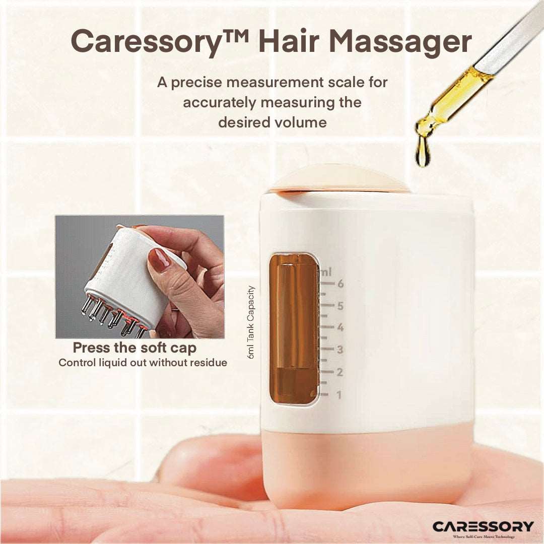 An image of Caressory™ Hair Massager with precise measurement scale and red light scalp massager, featuring soft cap control for residue-free liquid dispensing, held in a hand.