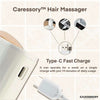 An image of Caressory™ Hair Massage with Type-C fast charge, showing multiple charging options, operating for a week with 10 minutes of daily use.